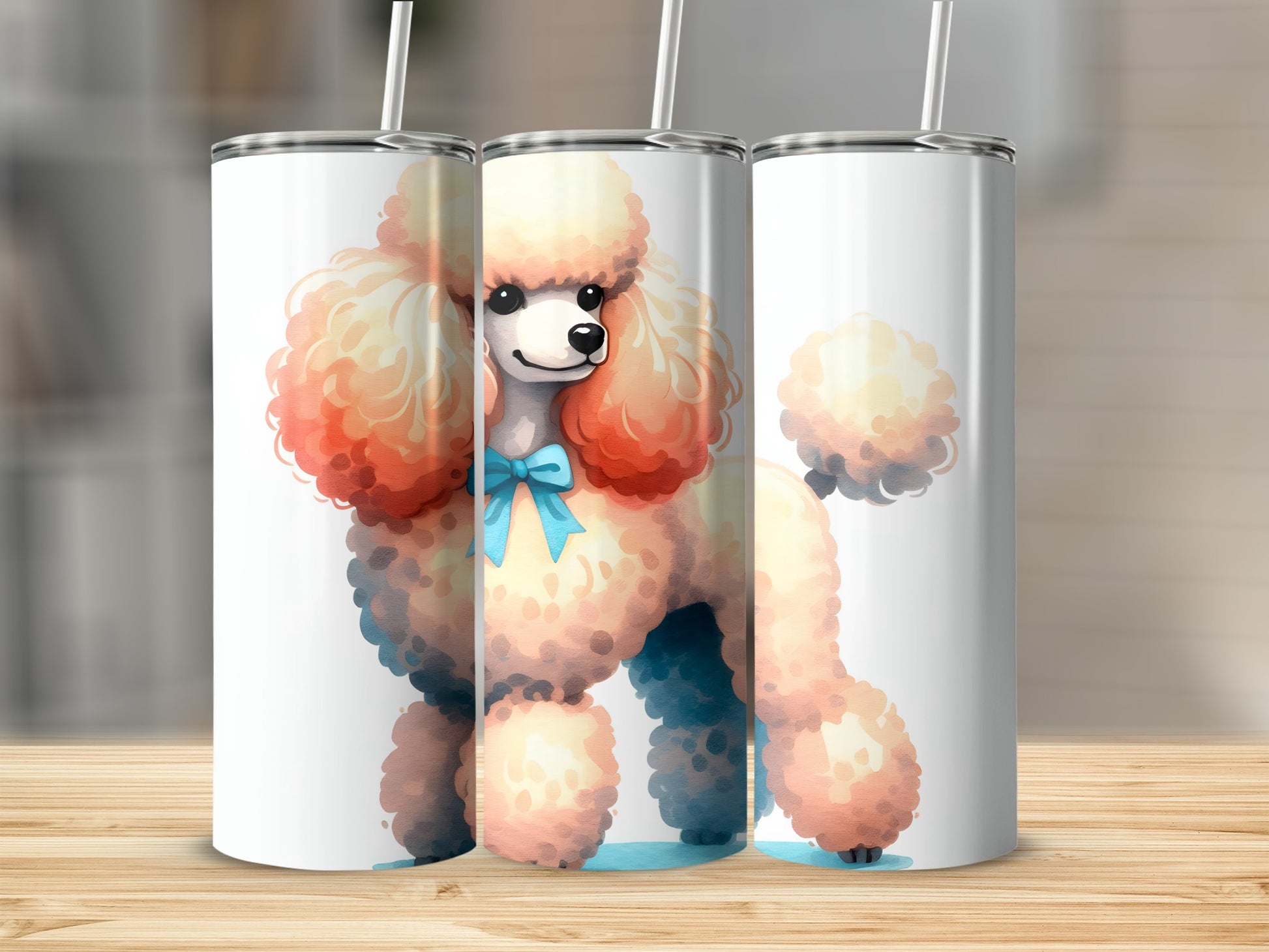 Three tumblers featuring a watercolor illustration of a pink poodle with a blue bow.