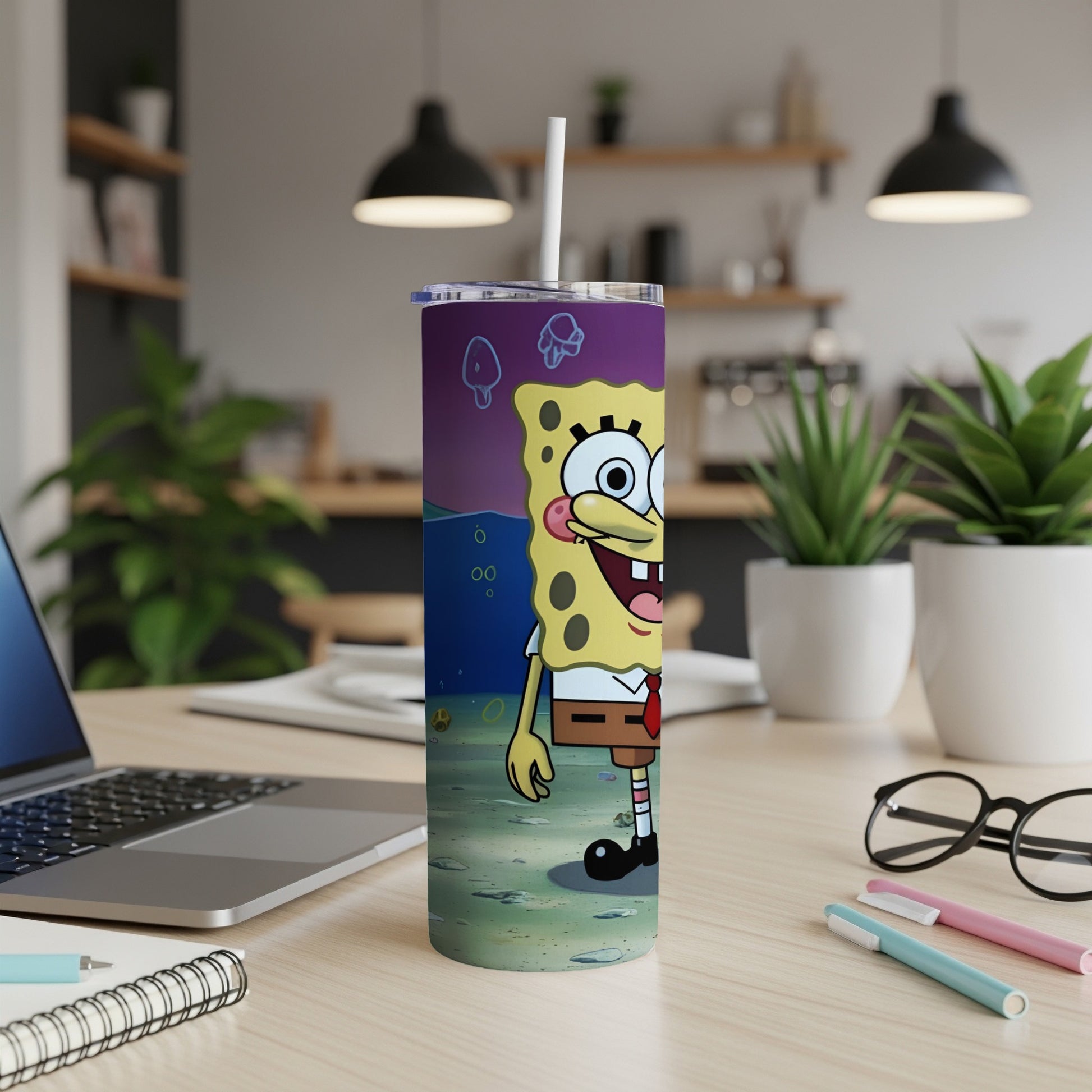 SpongeBob SquarePants standing on a sandy seabed with a straw in his head.