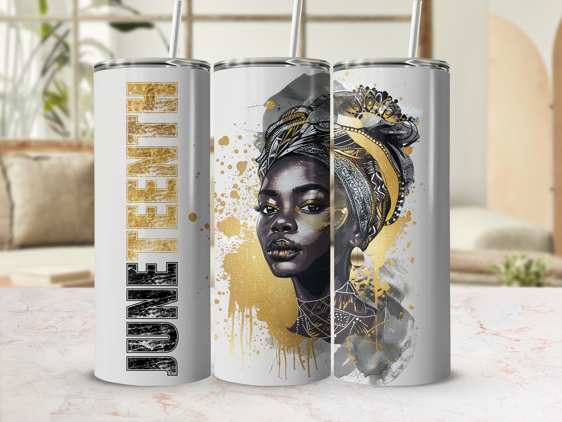 Tumbler with Juneteenth text and woman wearing head wrap.