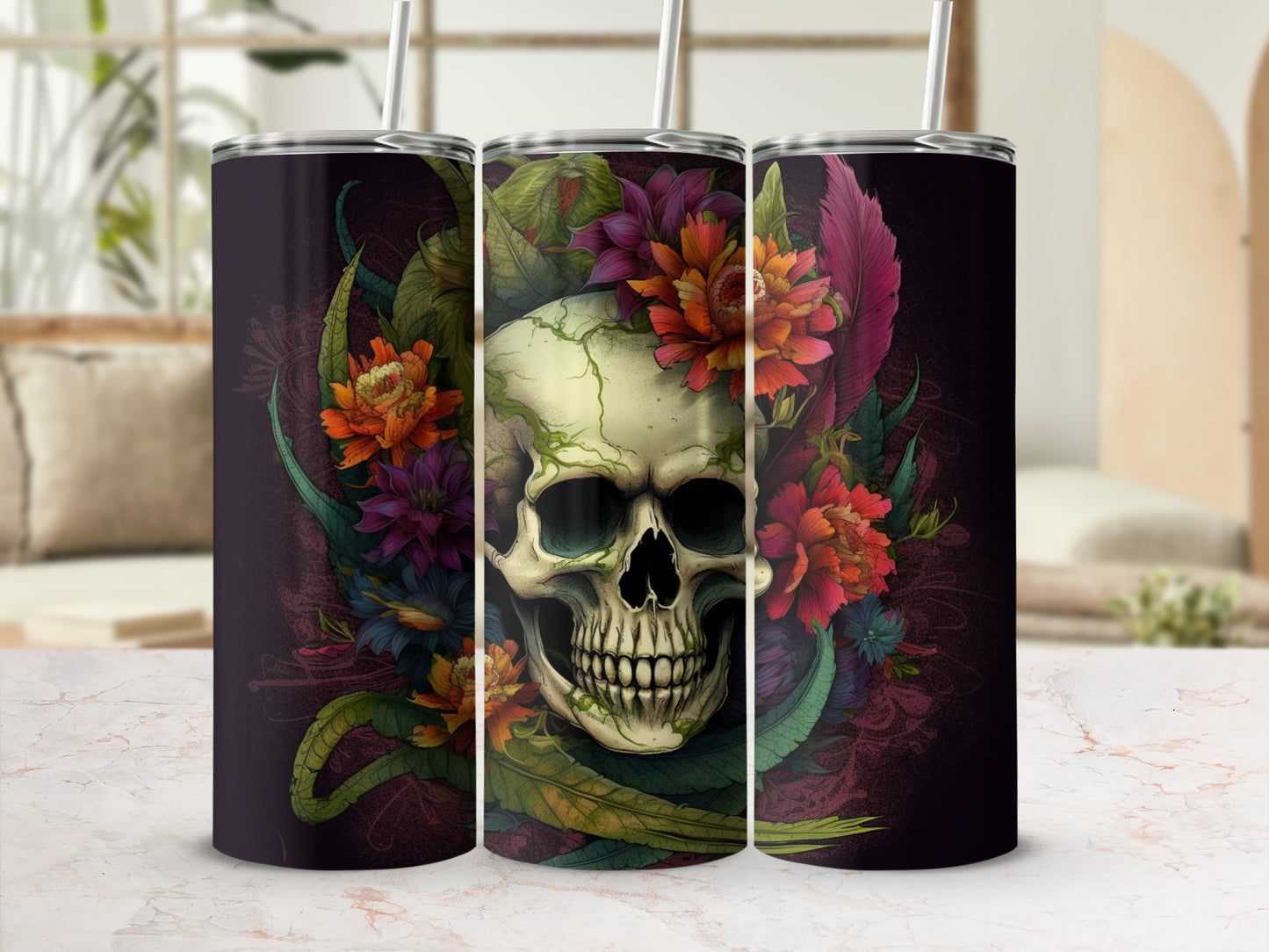 Floral Skull Design Custom Tumbler for Unique Style