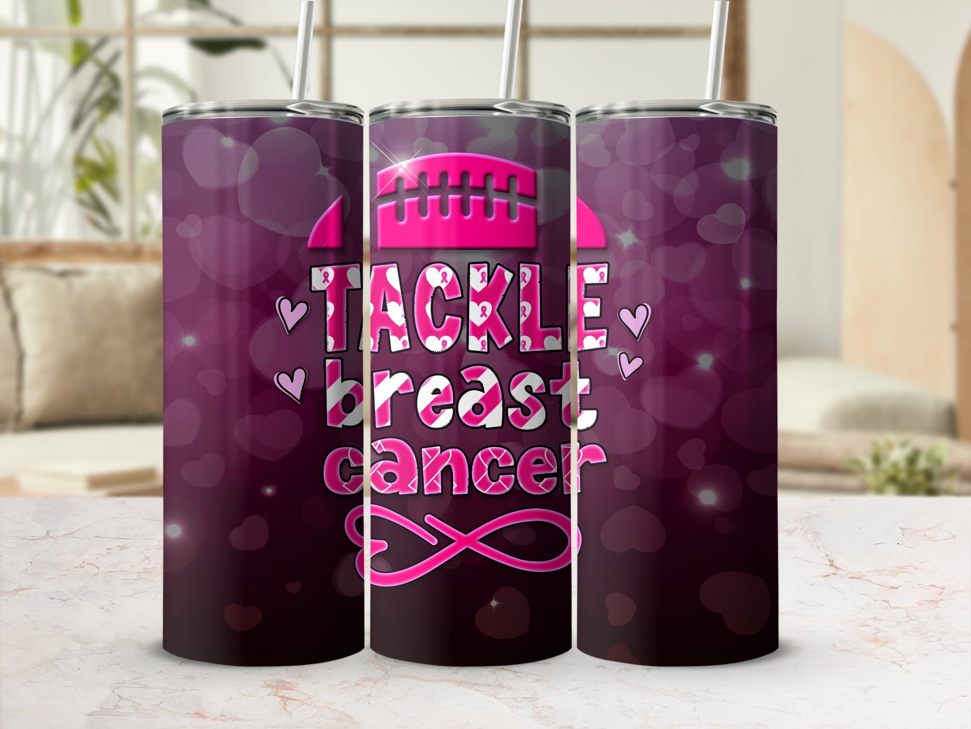 Tackle breast cancer pink tumbler with football and heart design.