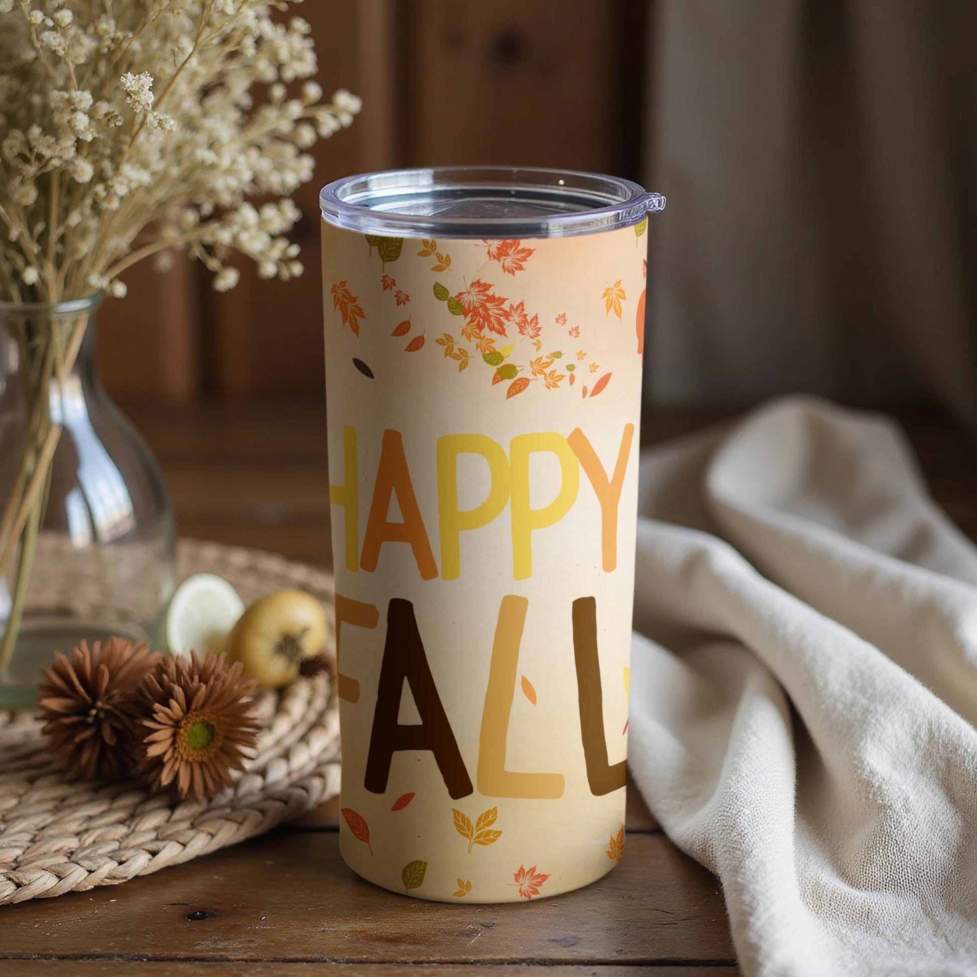 Happy Fall Tumbler with Autumn Leaves Design