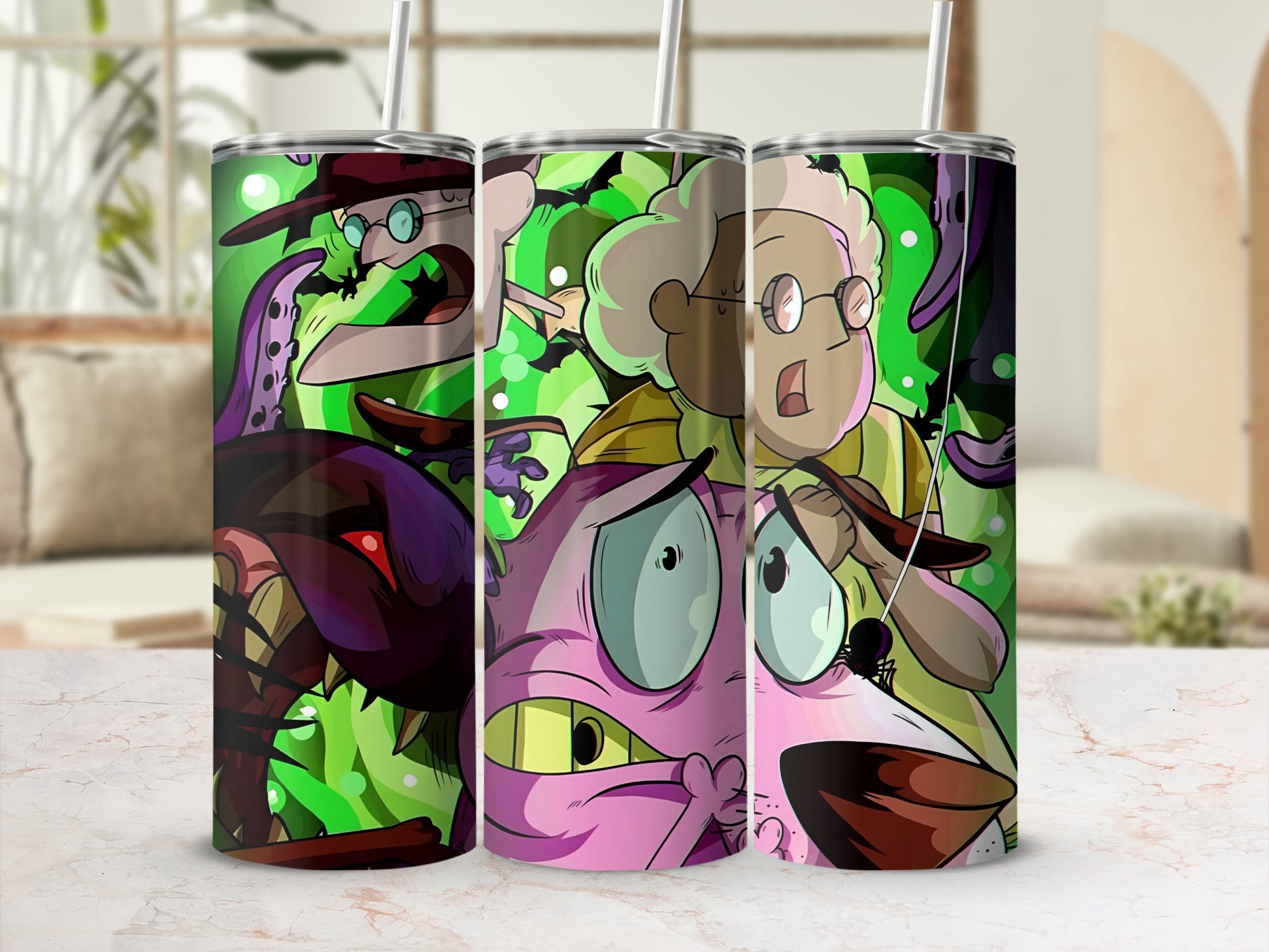Cartoon Characters Green Background Tumbler Cups