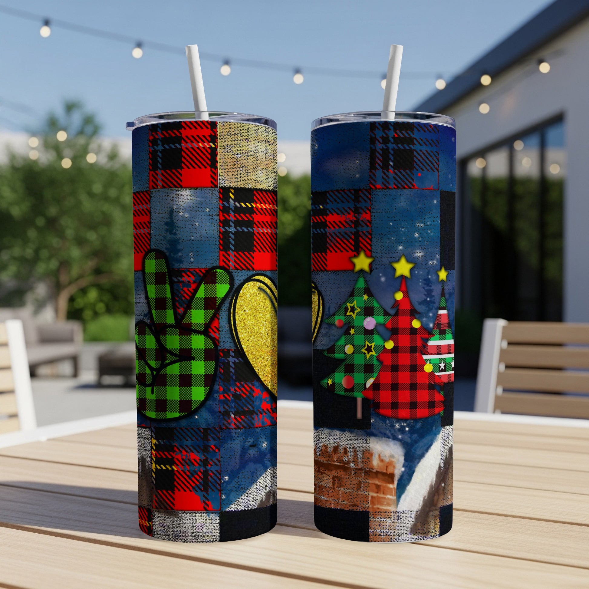 Two tumblers with a plaid and Christmas tree design, one with a peace sign.