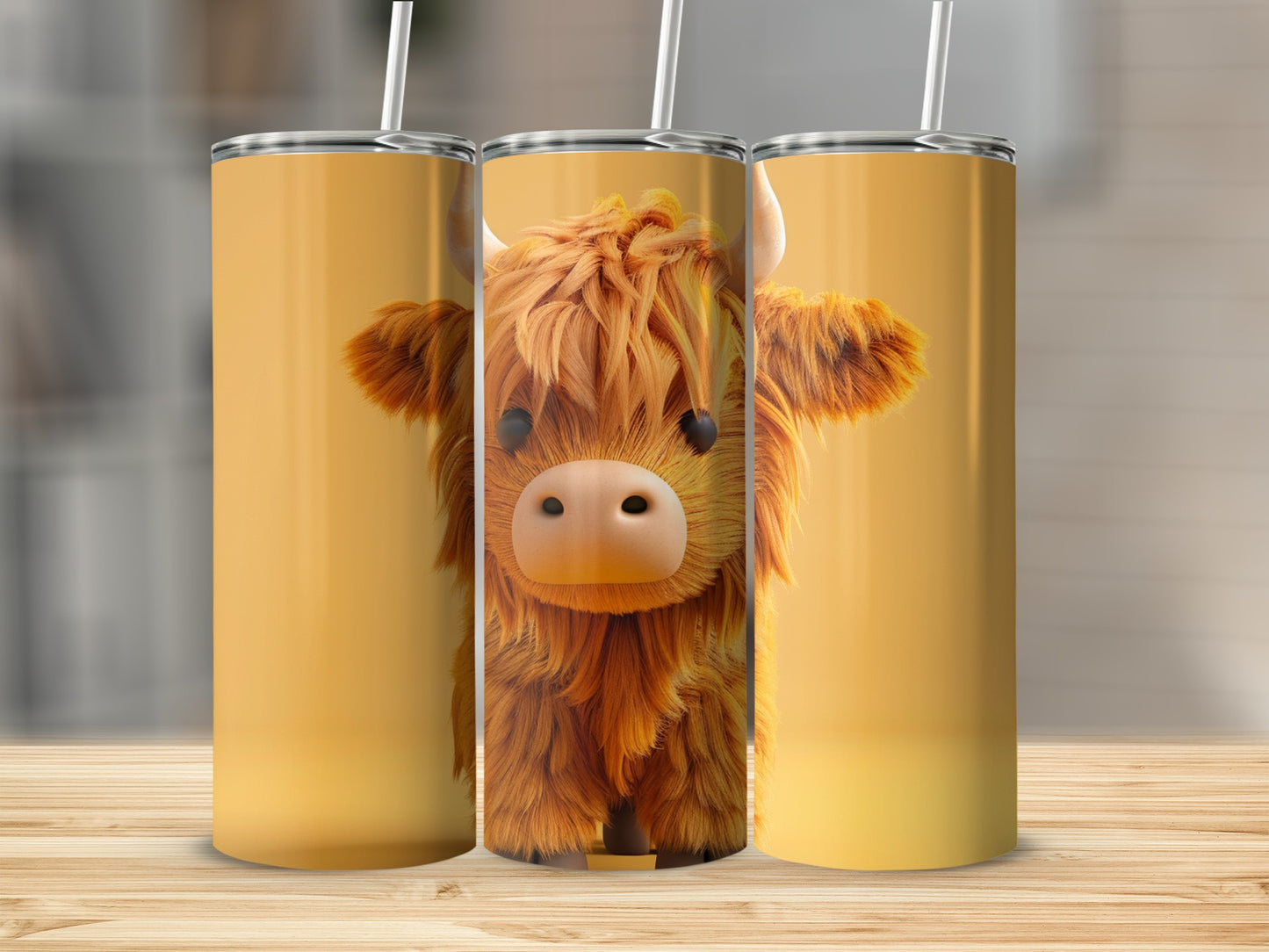 Tall tumbler with fuzzy Highland cow face design.