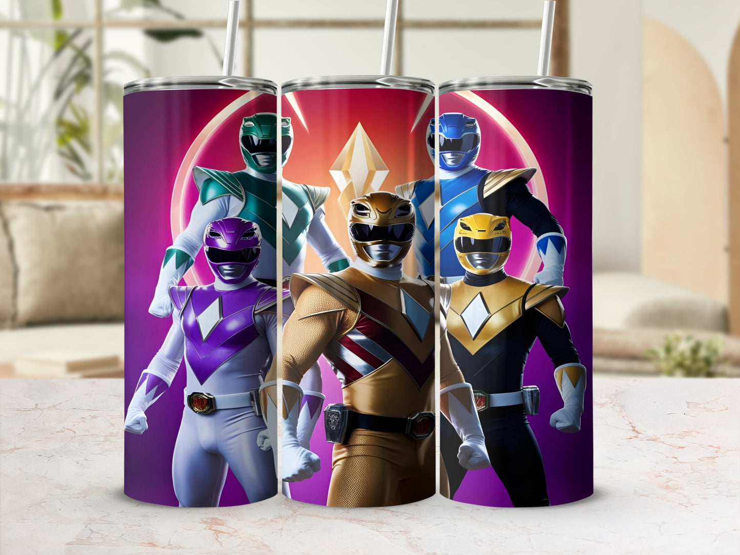Five Power Rangers in colored suits with helmets, standing heroically.