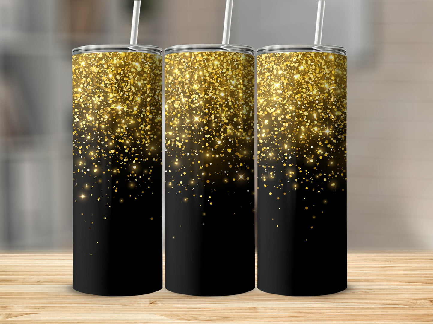 Sparkling Golden Glitter Tumbler with Black Base Design