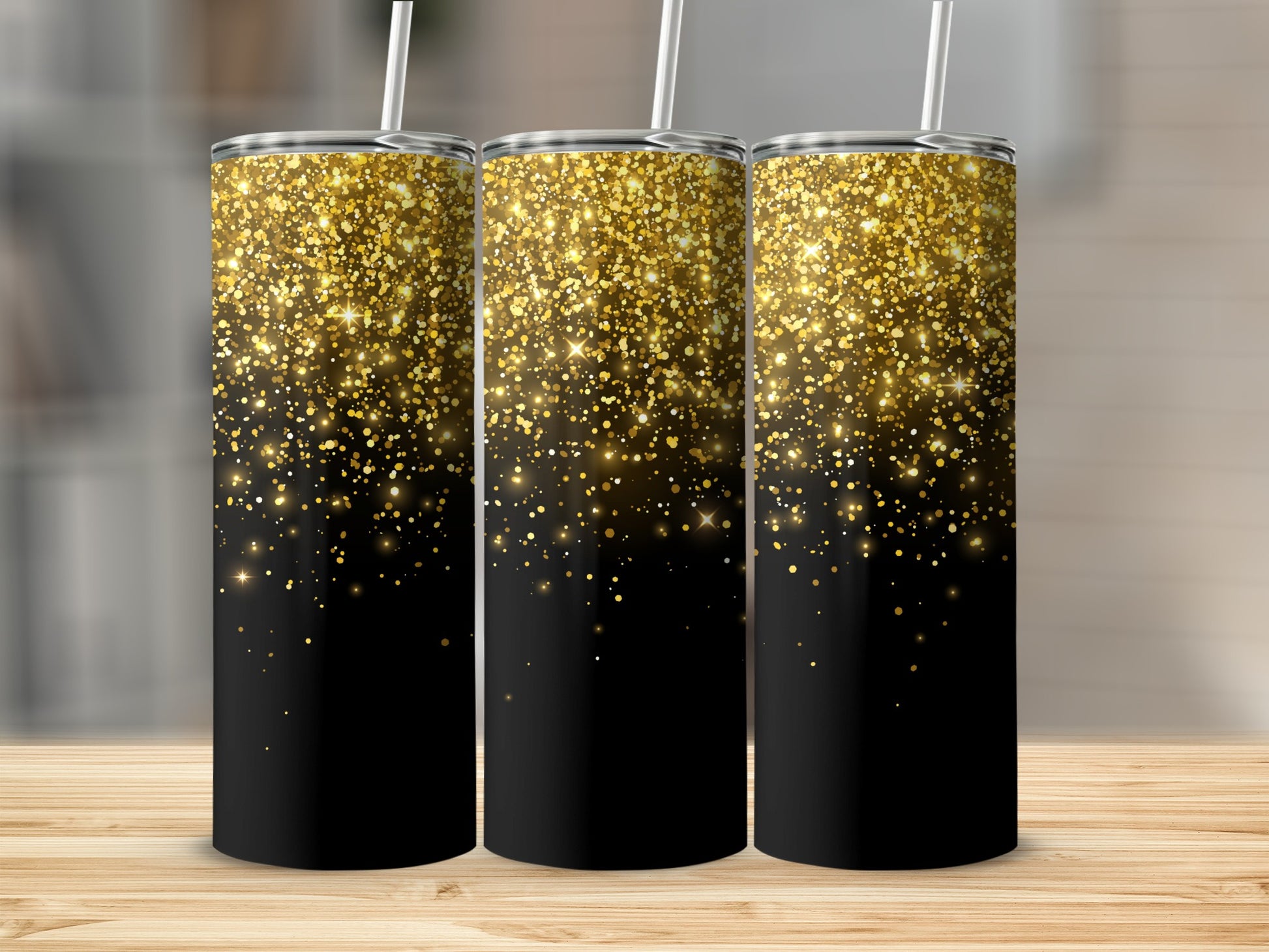 Sparkling Golden Glitter Tumbler with Black Base Design
