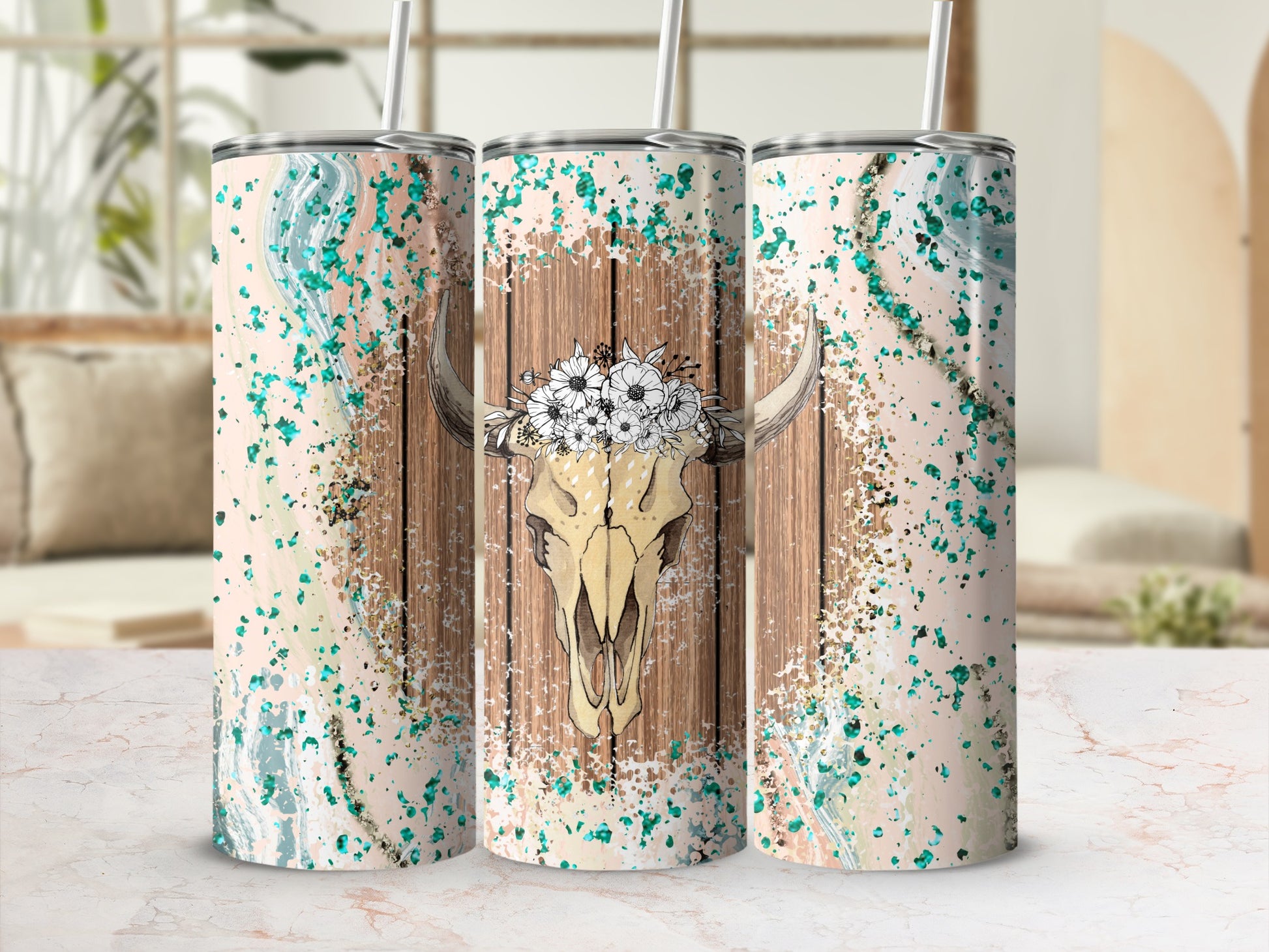 Skull with flowers on wooden background with turquoise paint splatters.