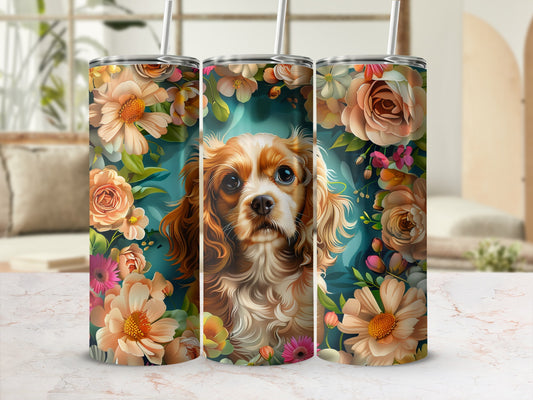 Three tumblers with floral and Cavalier King Charles Spaniel dog designs.