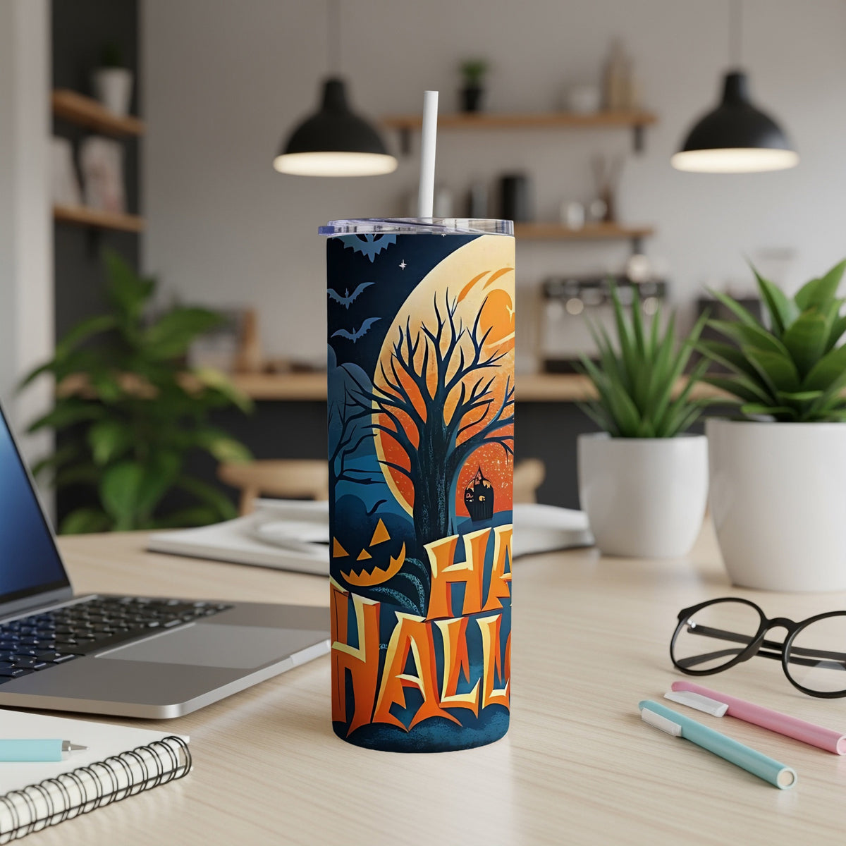 Tumbler with Halloween design featuring jack-o'-lantern, bats, full moon, and "Happy Halloween" text.