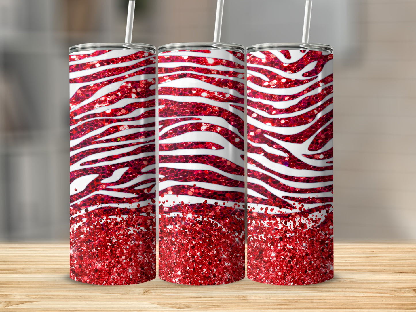 Sparkling Red Zebra Print Tumbler with Lid and Straw