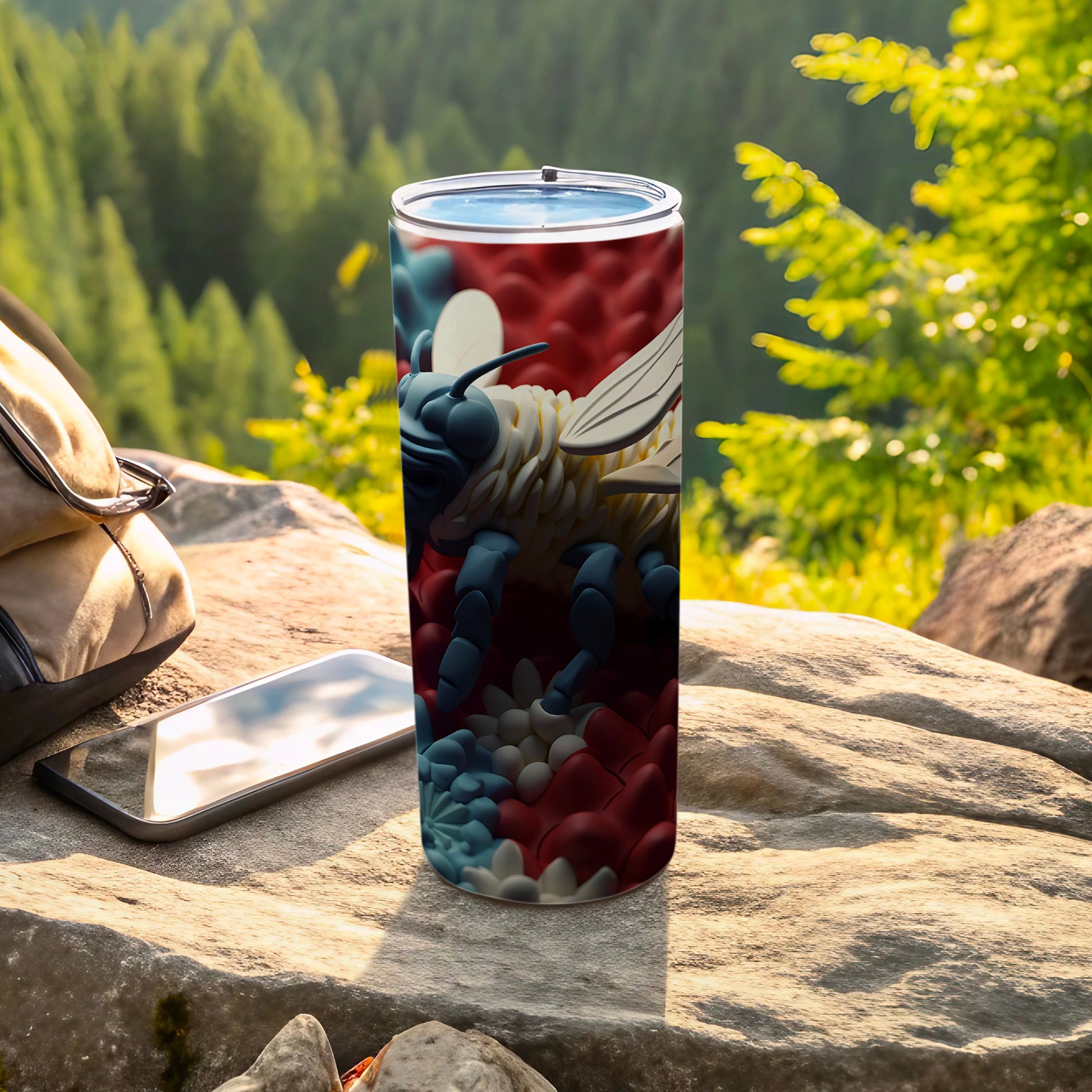 Bee graphic on a tall tumbler next to a backpack and phone outdoors.