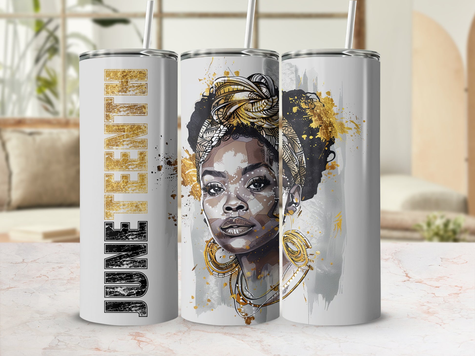 Three tumblers featuring a Black woman's portrait with gold accents and "JUNE" text.