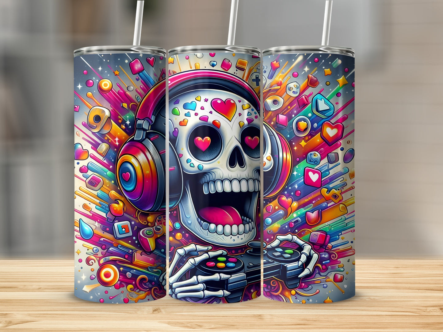 Cartoon skull with headphones playing a video game, colorful pop art design.