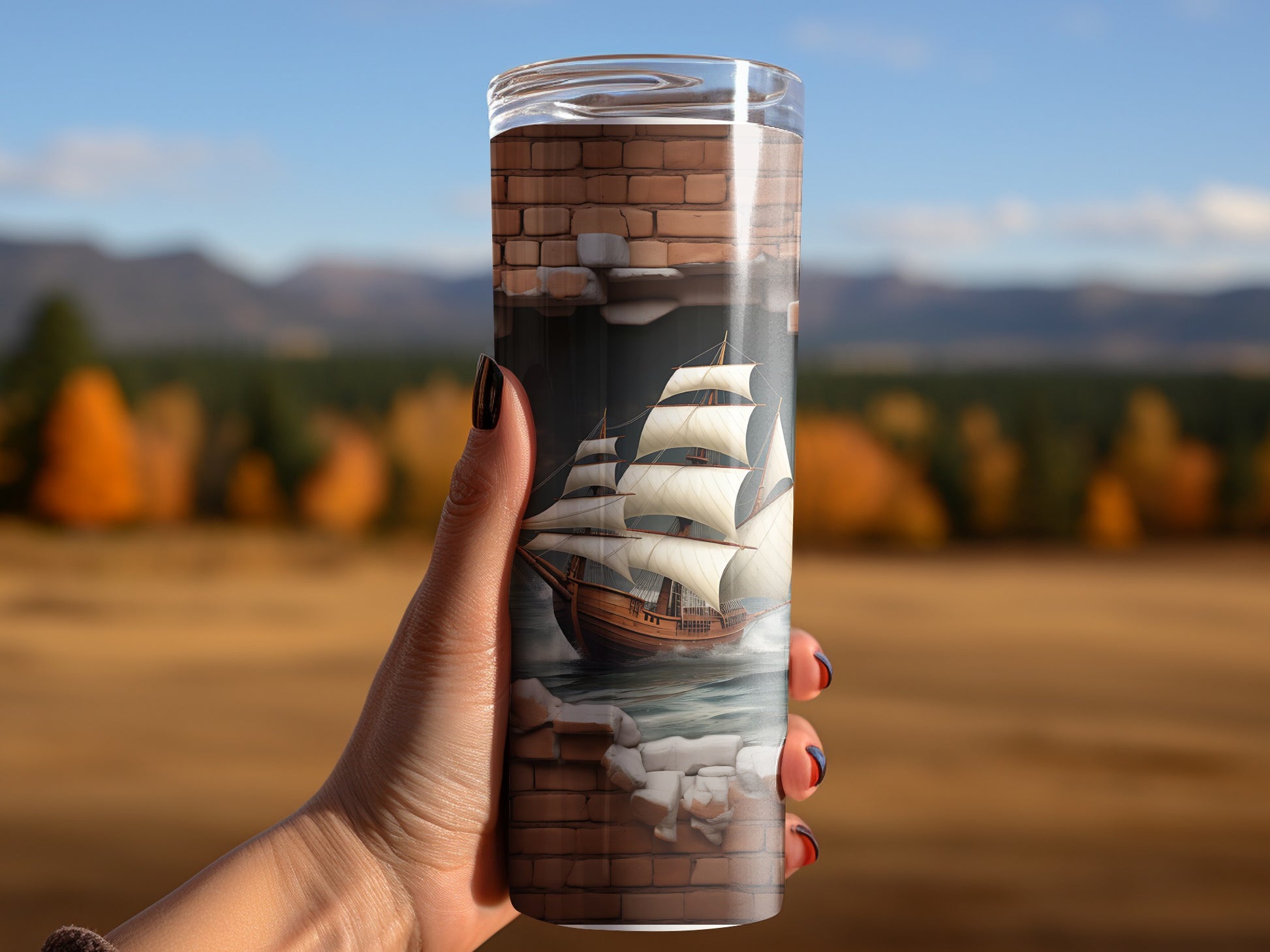 Vintage Sailboat Design Brick Wall Travel Tumbler