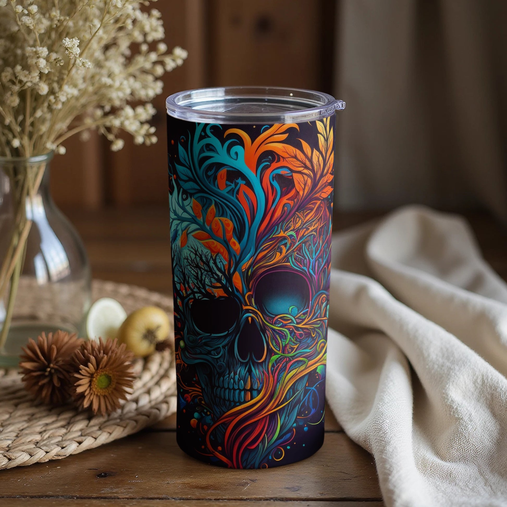 Vibrant Floral Skull Design Travel Tumbler for Drink