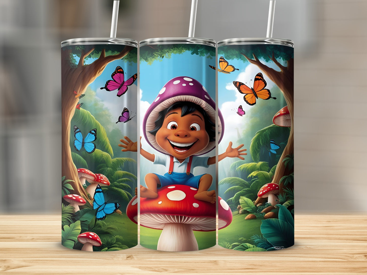 Child with purple hat sitting on mushroom with butterflies and trees.
