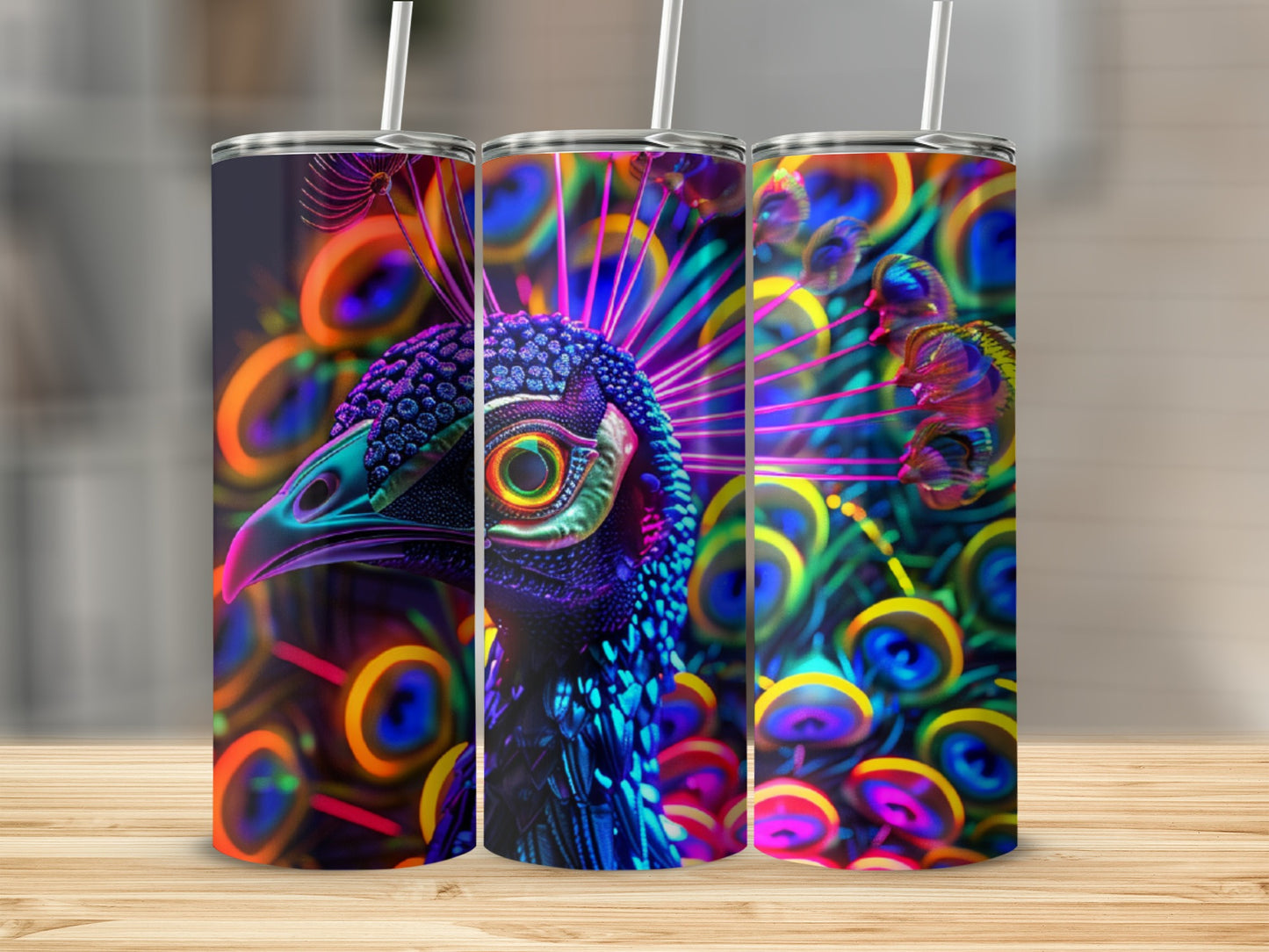 Three tumblers featuring a colorful, neon-style peacock feather design.