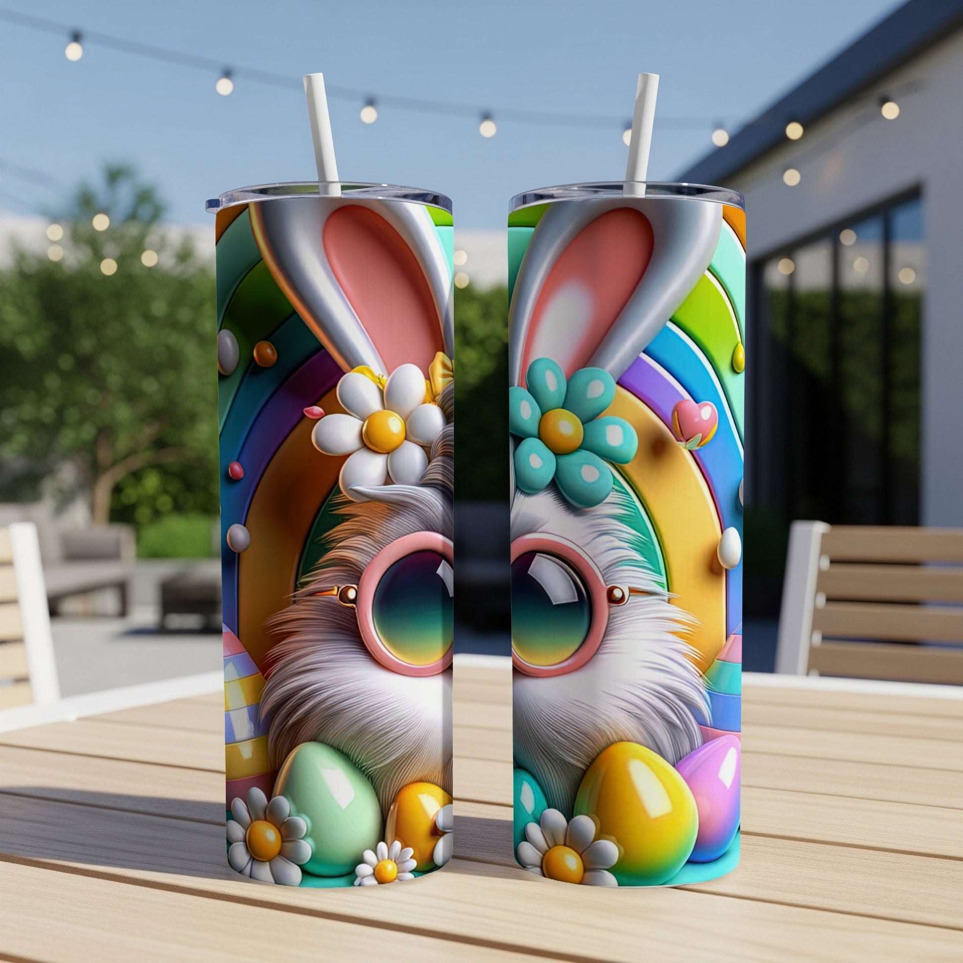 Easter bunny tumbler with sunglasses and rainbow background.