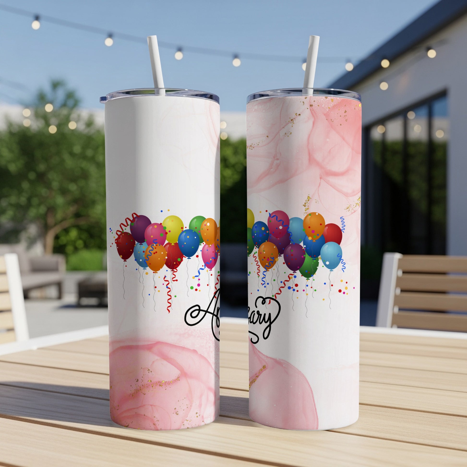 Two tall tumblers with colorful balloons and "Anniversary" text.