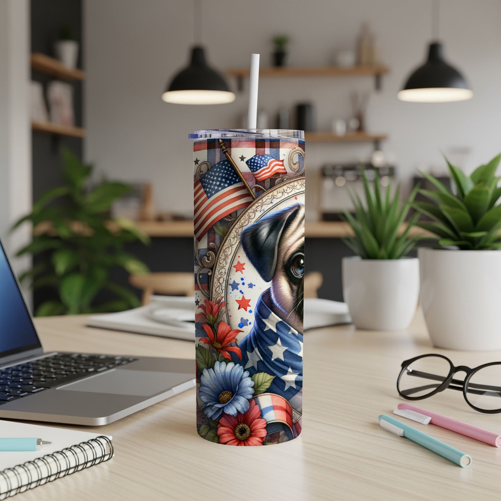 Pug wearing American flag bandana surrounded by flowers on a patriotic tumbler.