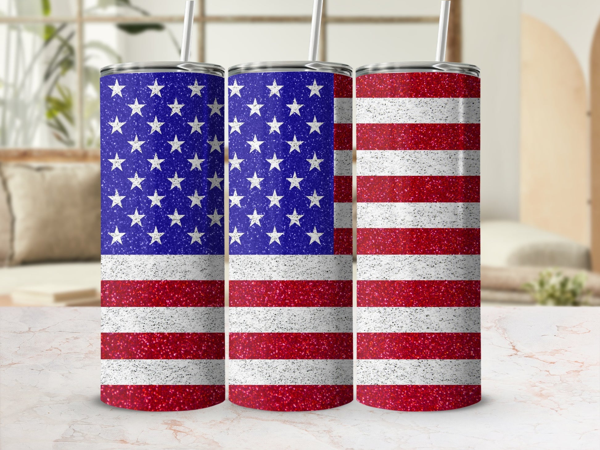 Three glittery tumblers with American flag design.