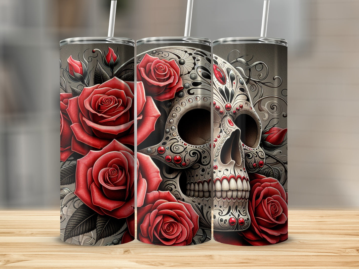Sugar skull with red roses on a stainless steel tumbler.