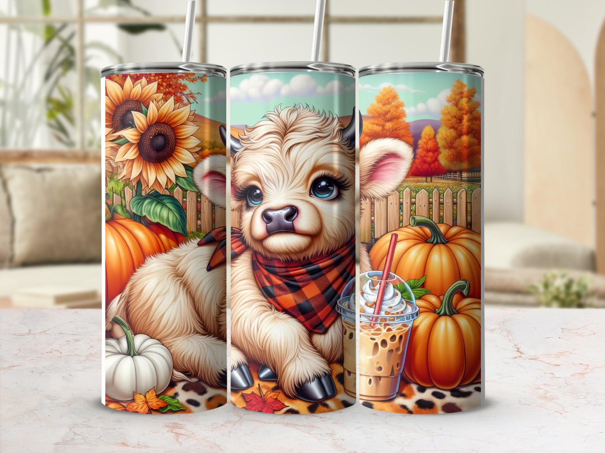 Cow with sunflowers, pumpkins, and iced coffee in a rural autumn scene.