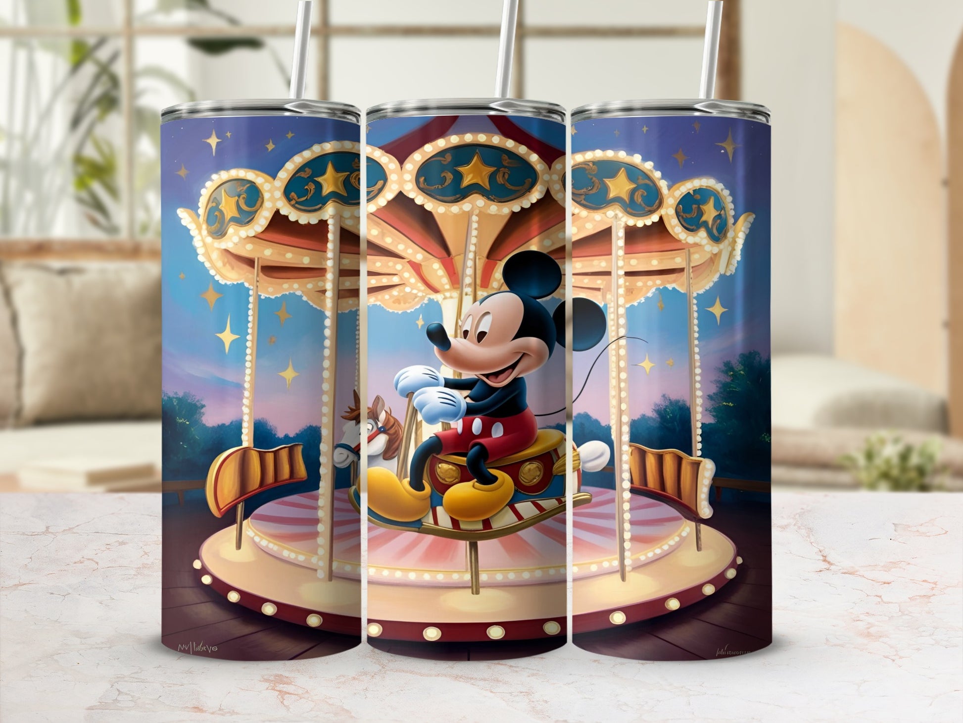 Mickey Mouse riding a carousel horse with a whimsical background.