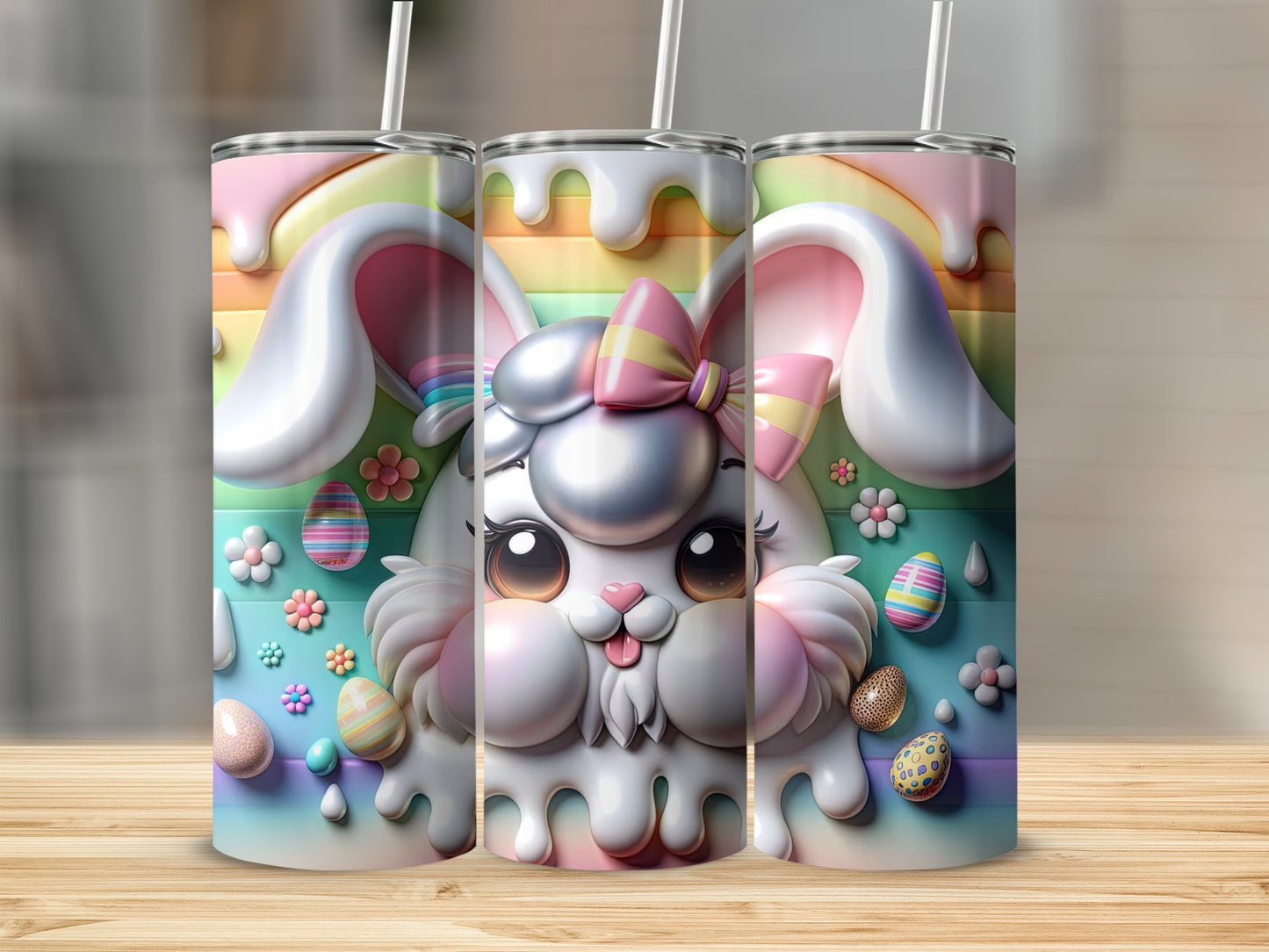 Three pastel Easter bunny tumblers with rainbow drips and colorful eggs.