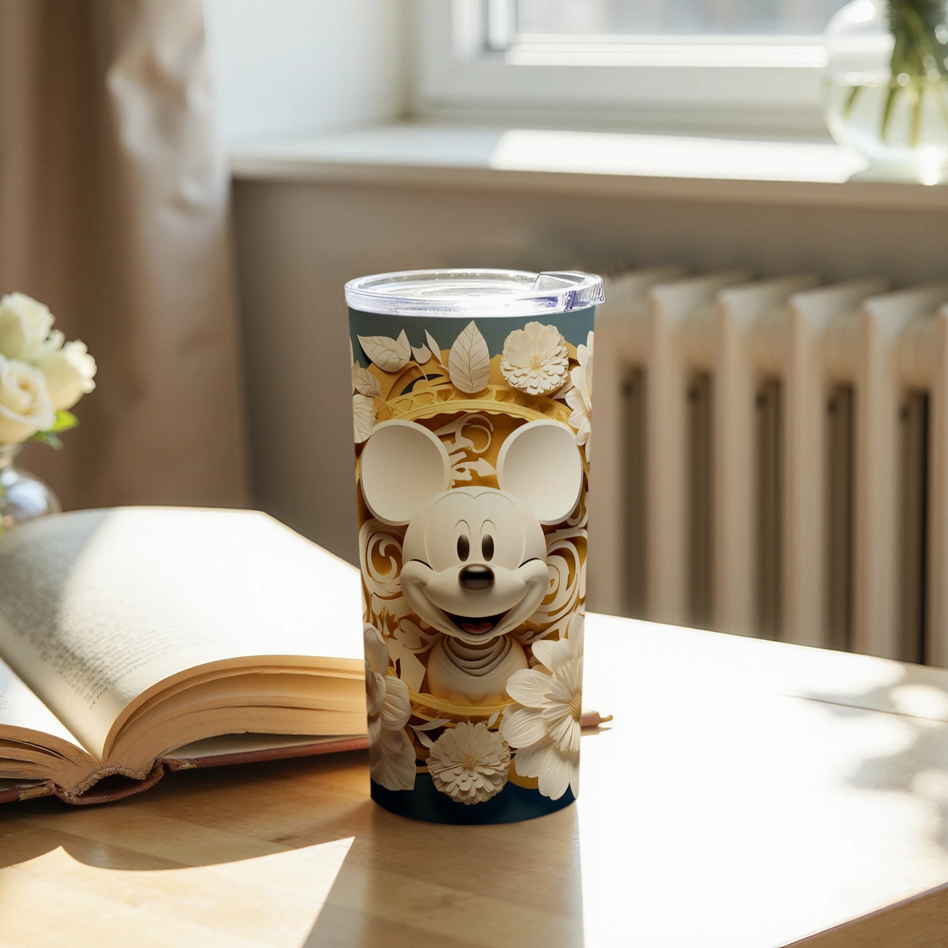 Mickey Mouse Floral Decorative Tumbler with Lid