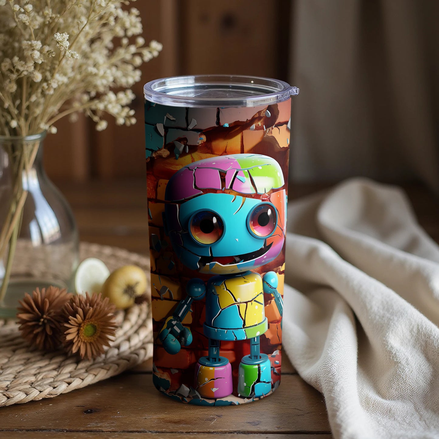 Colorful Robot Print Tumbler for Fun and Unique Drinkware