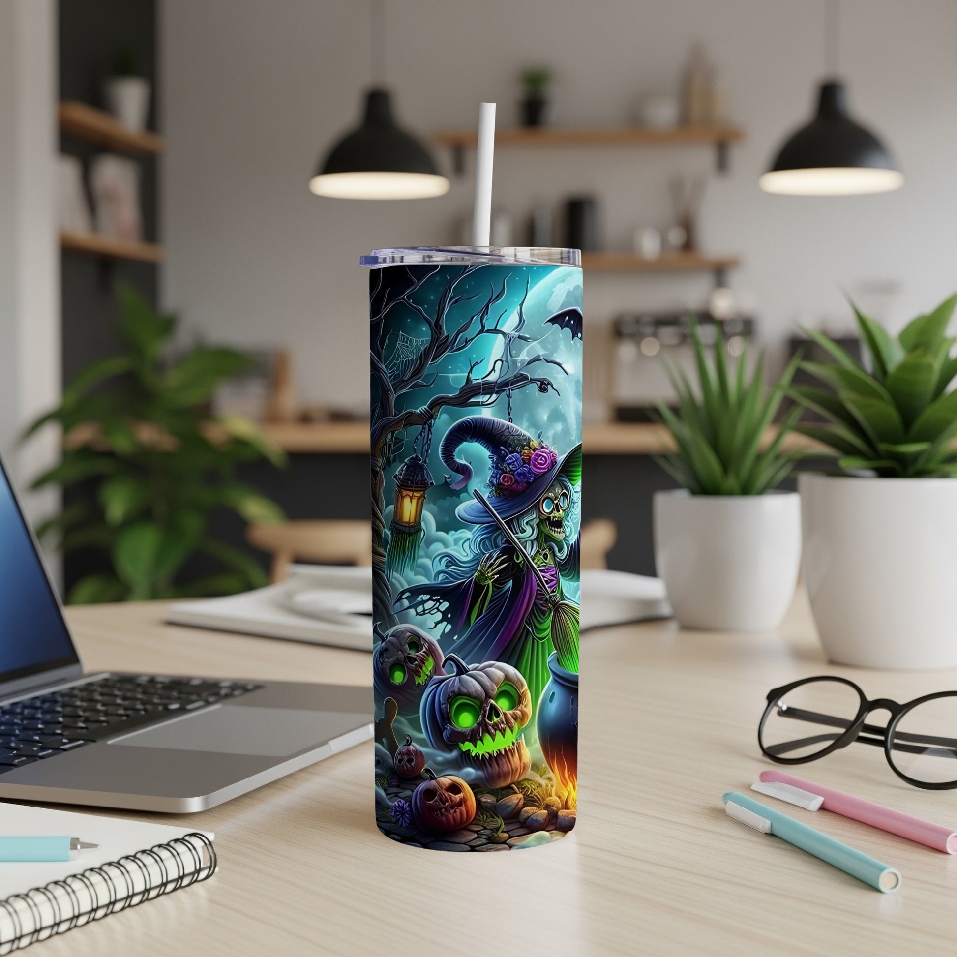 Halloween tumbler with witch, pumpkins, and bat on a dark, spooky background.