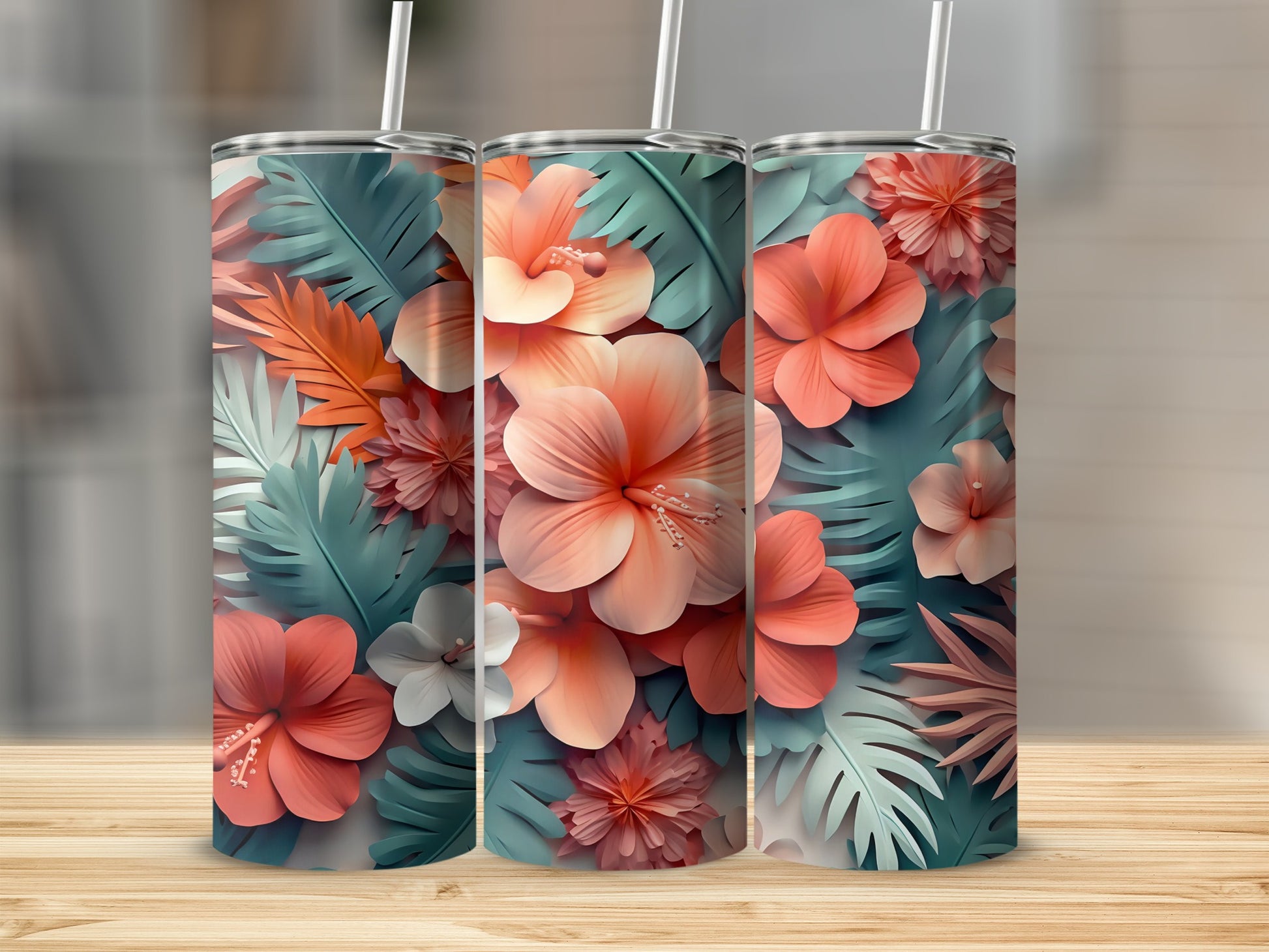Tropical Floral Pattern on Stainless Steel Tumbler