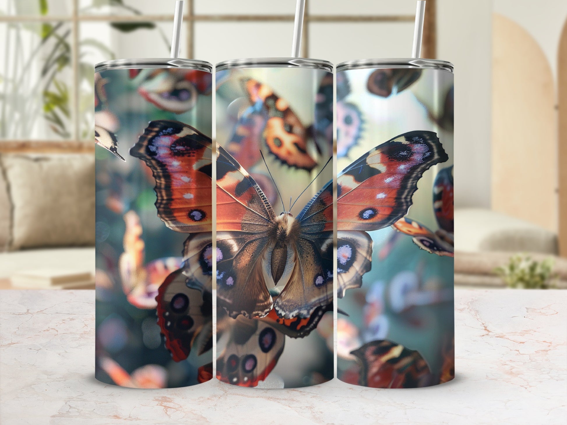 Tumbler with colorful butterfly pattern against blurred background.