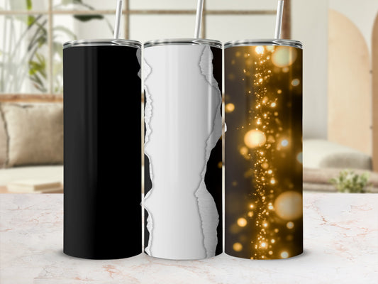 Three tumblers: black, torn paper, and bokeh lights.