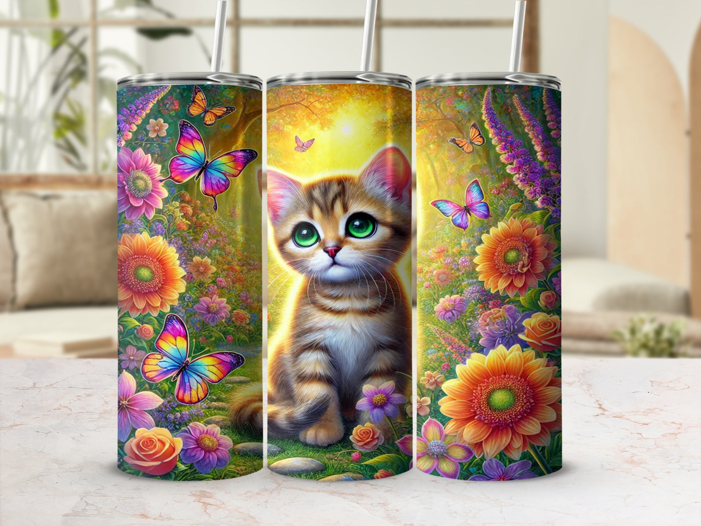Adorable Cat and Butterflies in Floral Garden Tumbler