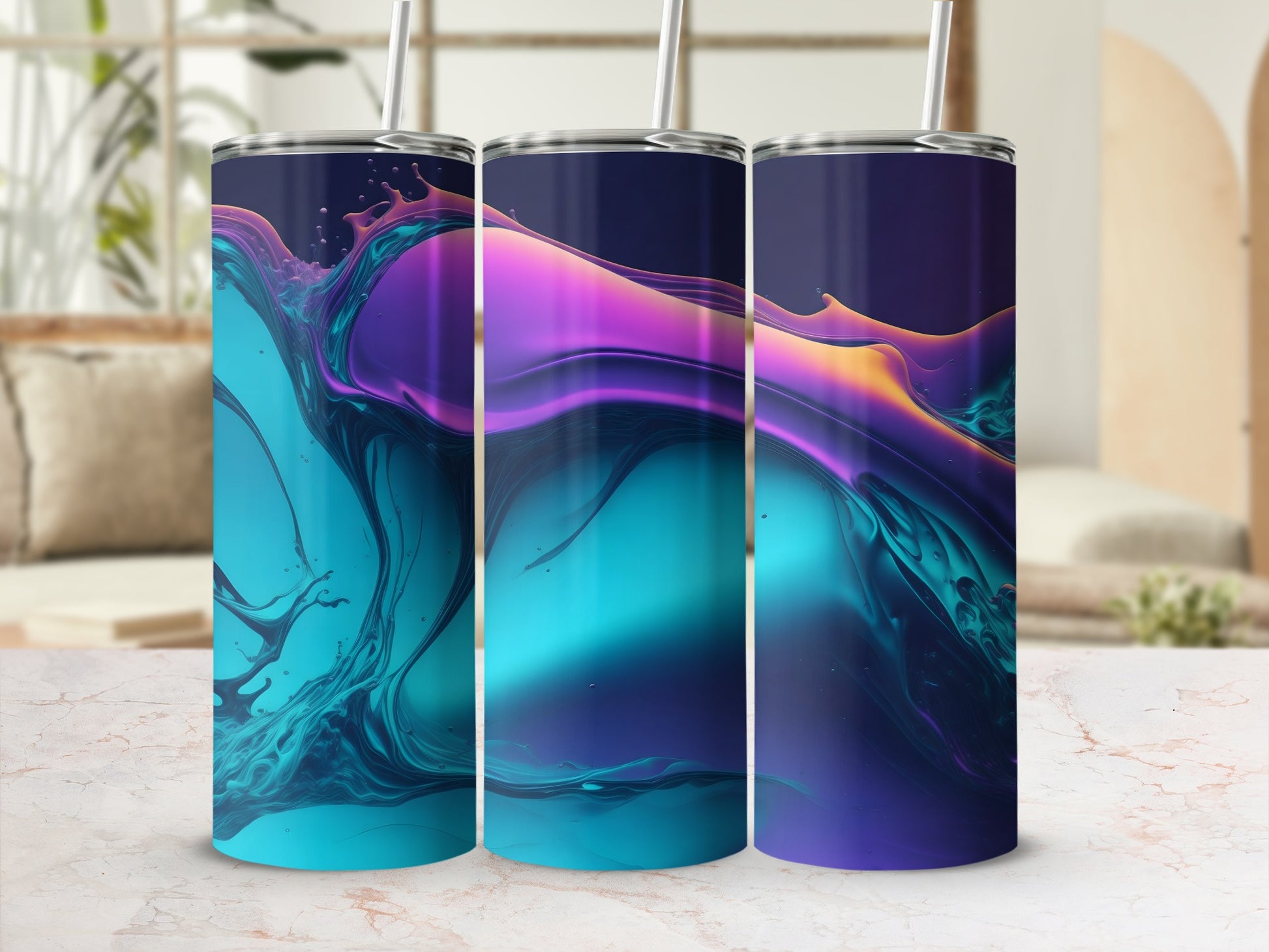 Three tumblers with abstract swirling blue, purple, and yellow liquid designs.