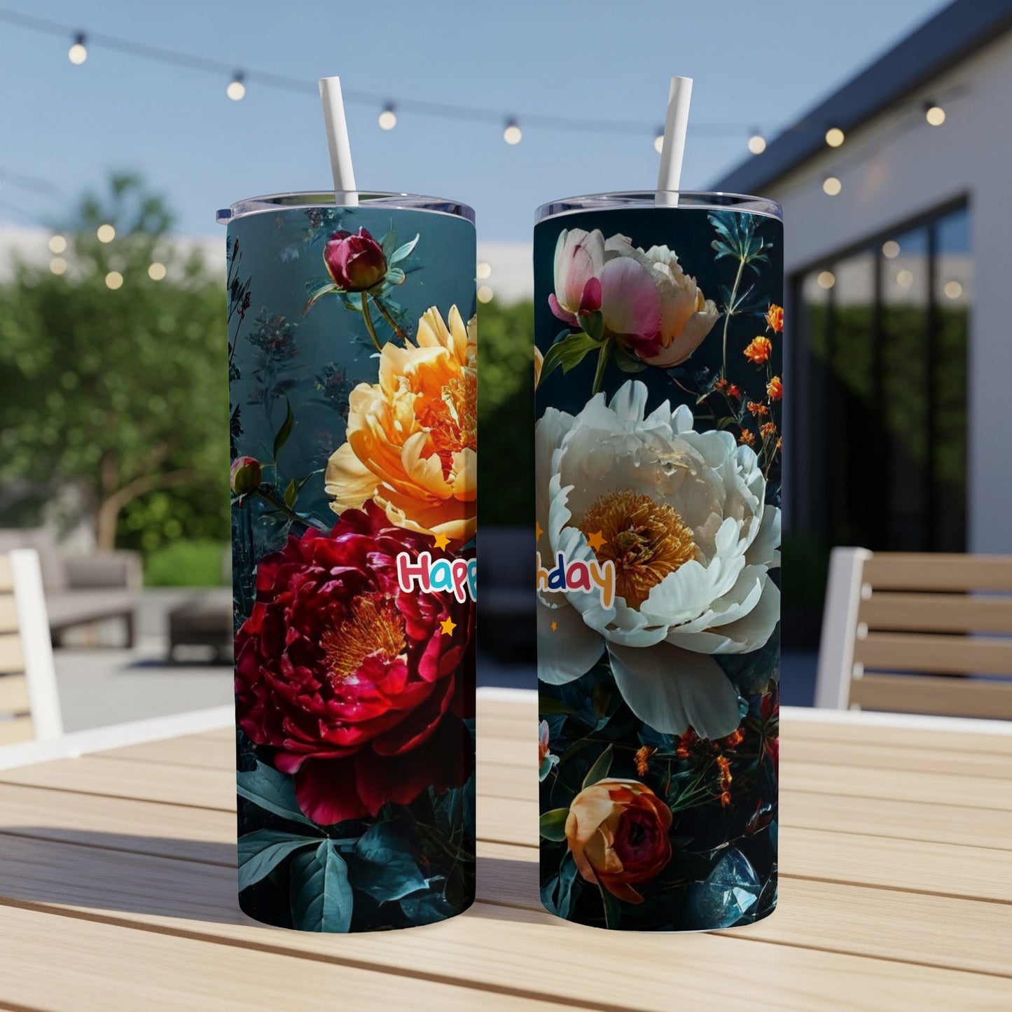 Two tall tumblers with colorful floral designs and "Happy Birthday" text.