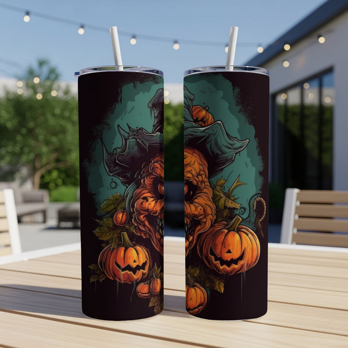 Two tumblers feature a creepy jack-o'-lantern and witch hat Halloween design.