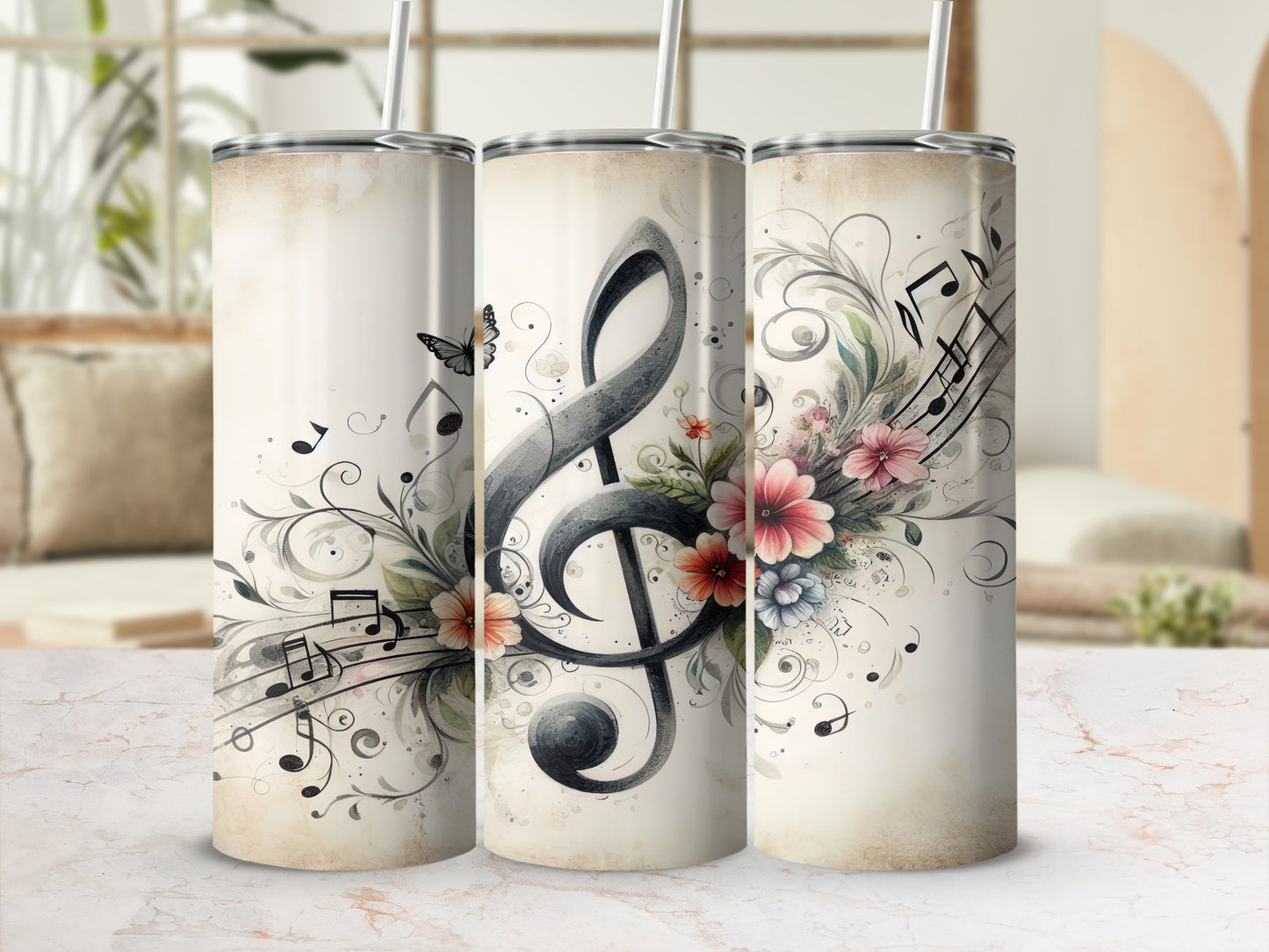 Musical Treble Clef Notes Floral Butterflies Design product type