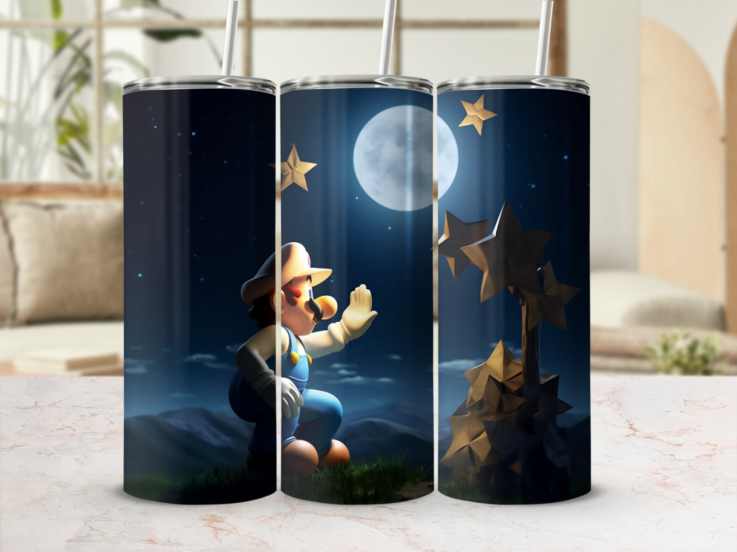 Mario Reaching for Stars Moonlit Night Tumbler