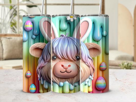 Fluffy Highland cow with bunny ears and Easter eggs, pastel rainbow background.