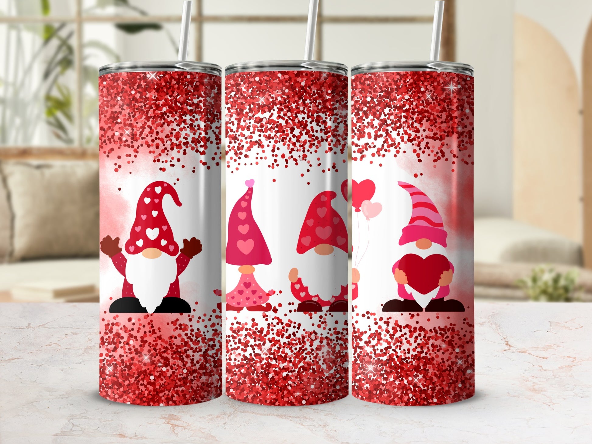Valentine Gnomes Red Glitter Design Tumbler Product