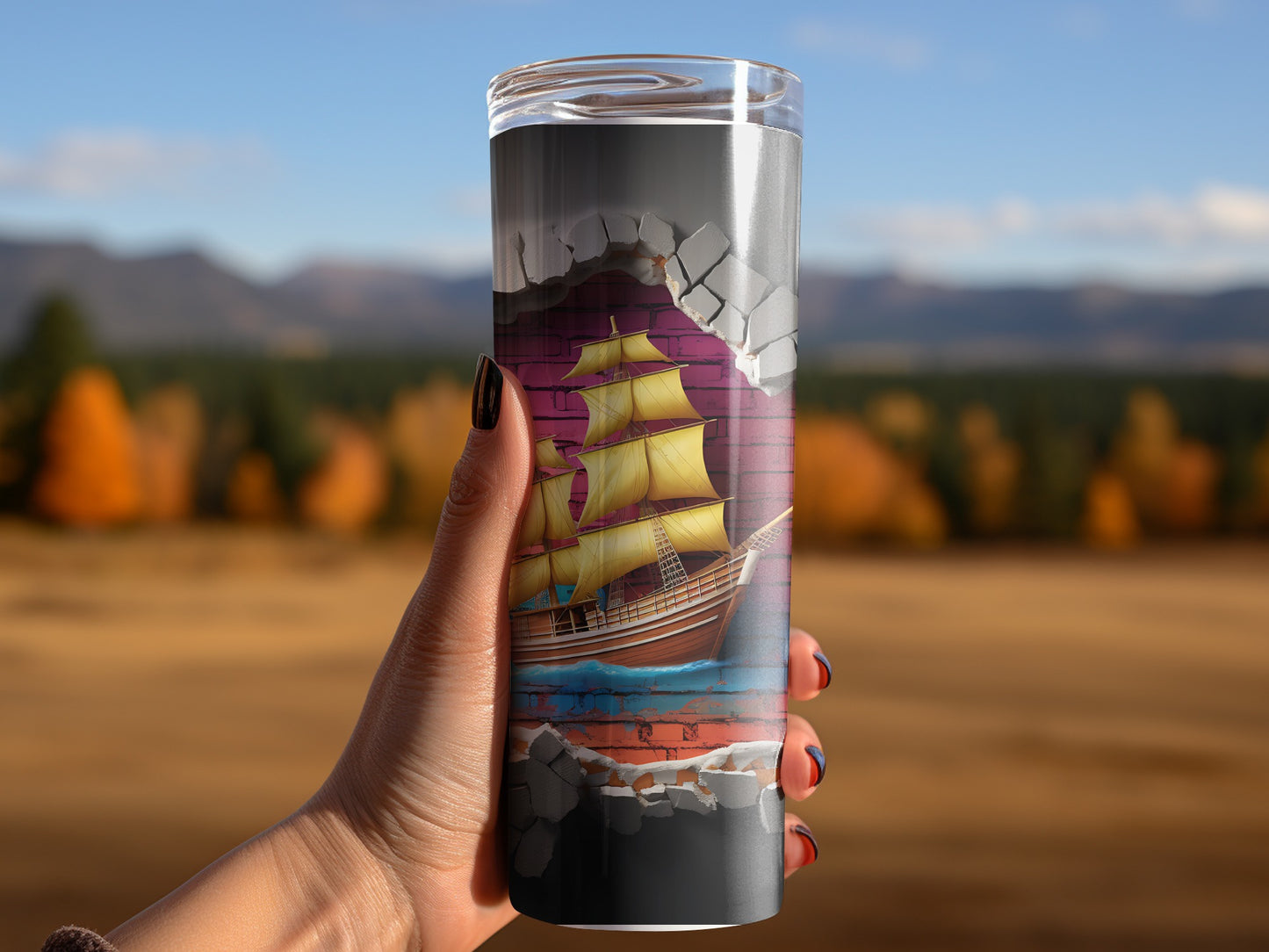 Tall Tumbler with Ship Design and Scenic Background