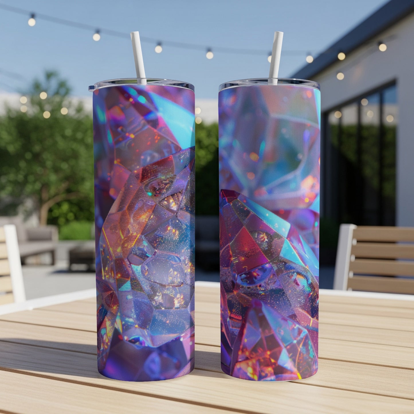 Two tumblers with faceted, iridescent gemstone design on an outdoor table.