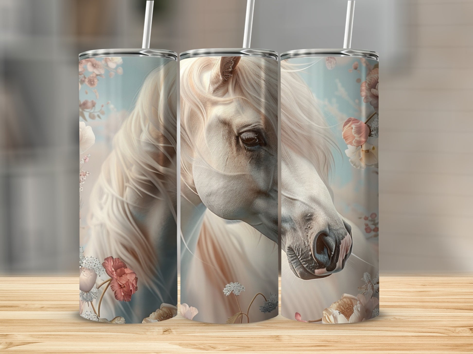 Three tumblers featuring a white horse with floral accents.