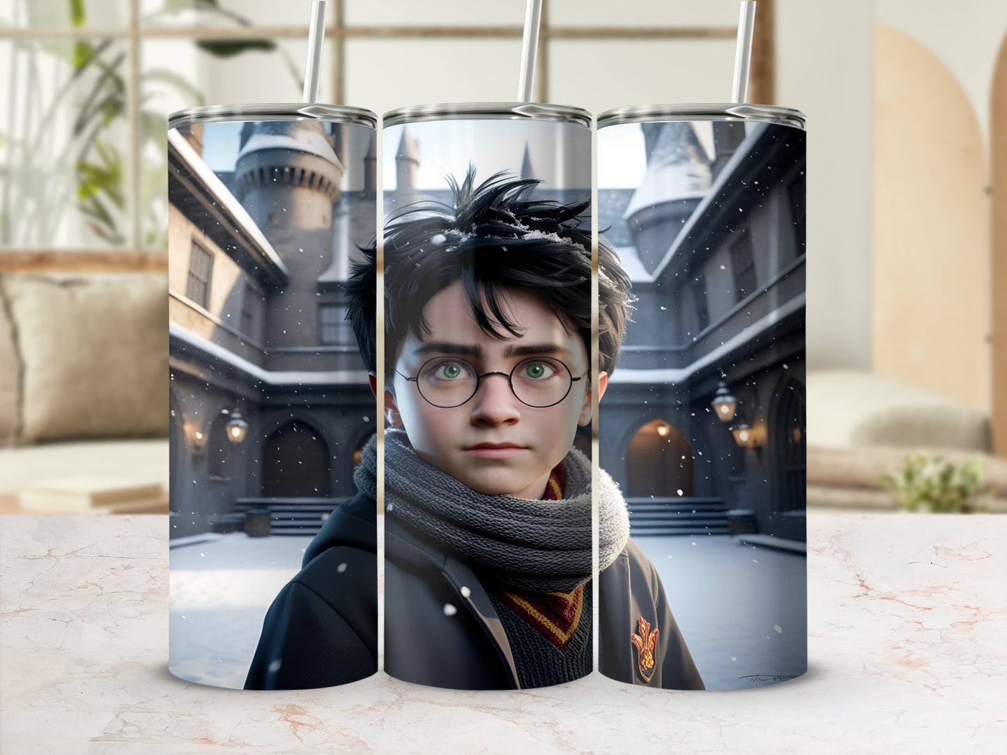 Harry Potter in a snowy courtyard wearing a scarf and school uniform.