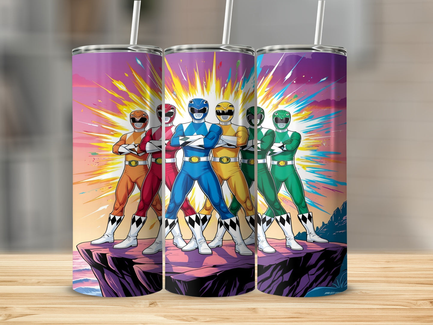 Four colorful Power Rangers stand on a rock with a sunset background.